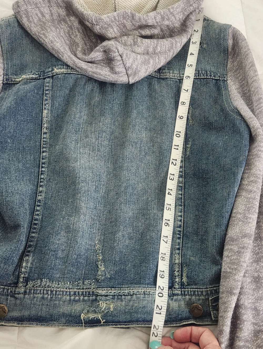 Free People Denim Distressed Jacket With Removable Hoodie Women's Size Large - Picture 10 of 11